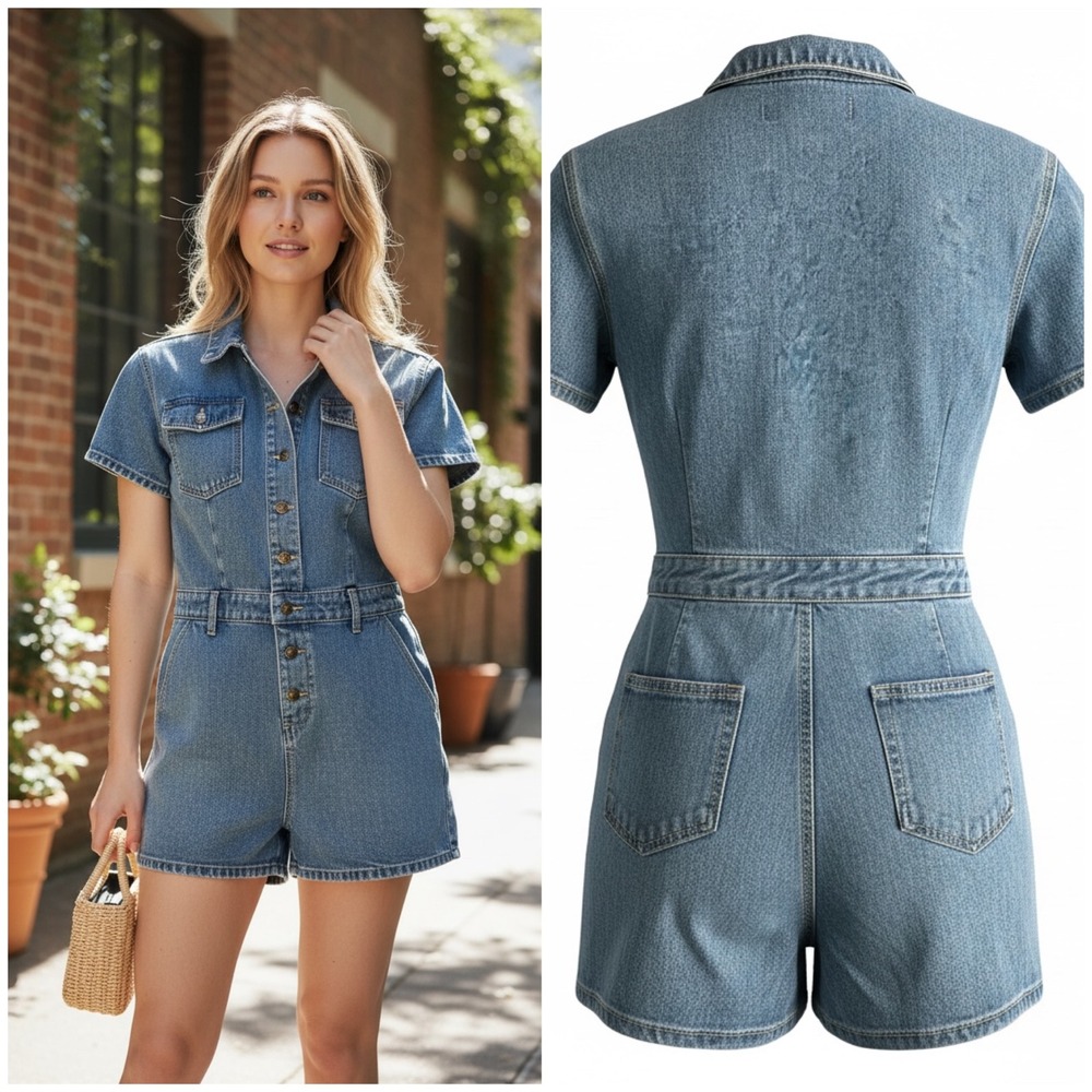 LIONESS U Know Whats Up Denim Romper Shorts Button Front Size L Tag US 8 NWT